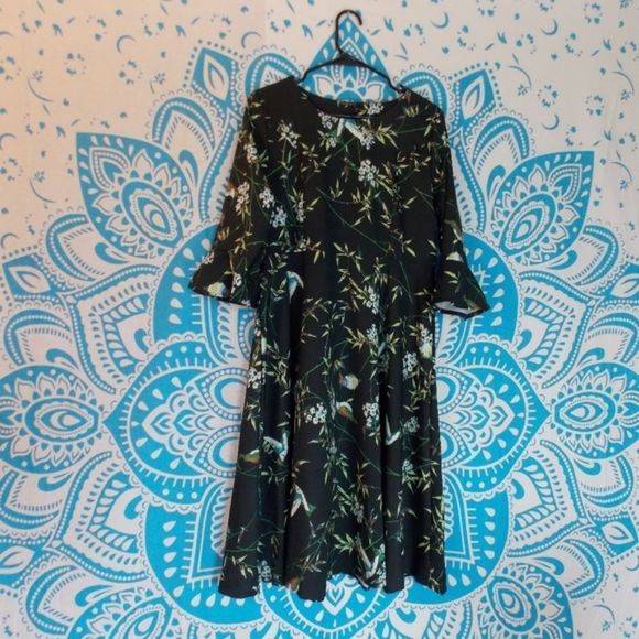 Hummingbird 3/4 Flounce Sleeve Floral Pinup Retro - Picture 3 of 3